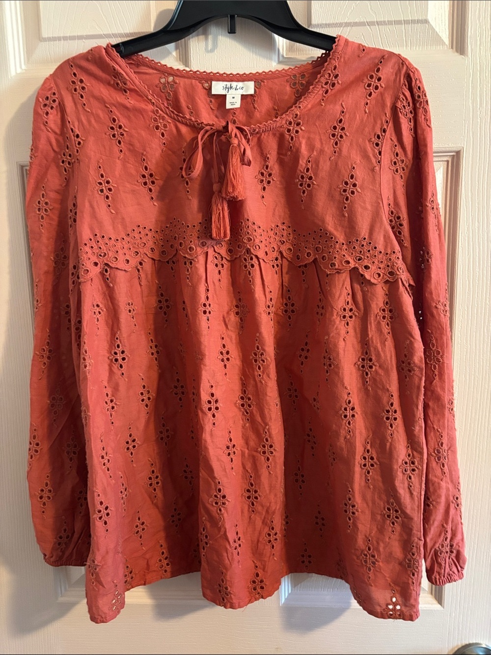 Style & Co. Coral Eyelet Tie-Neck Peasant Tunic